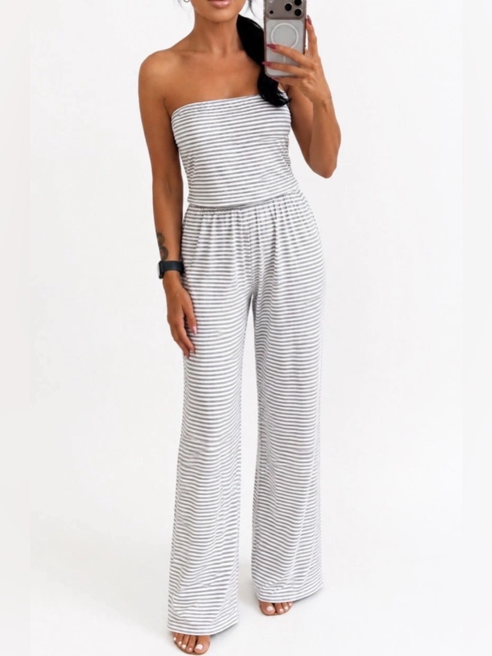 Gray Striped Strapless Top & Stretch Bottoms Lounge Set